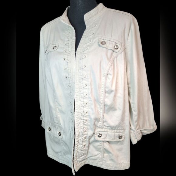 Women's Cotton Khaki Military Jacket Hook & Eye Closure  3/4 Sleeve - Sz 14/16 - Picture 2 of 8